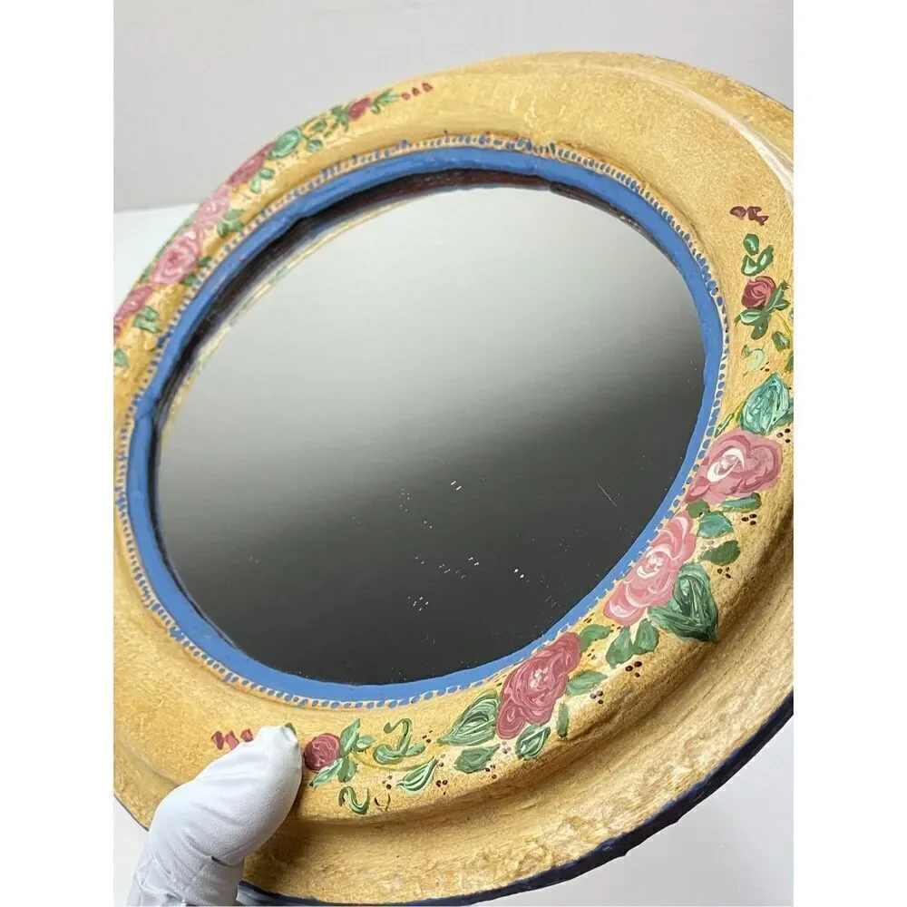 Antique Vintage Handpainted Floral Oval Wall Mirror Deep Wood Frame 12x14x1.25in